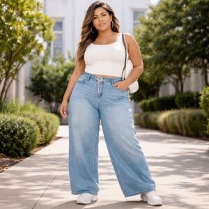 Fashion Nova Plus Size Light Wash Denim Jeans | Cotton Rayon Blend Wide Leg